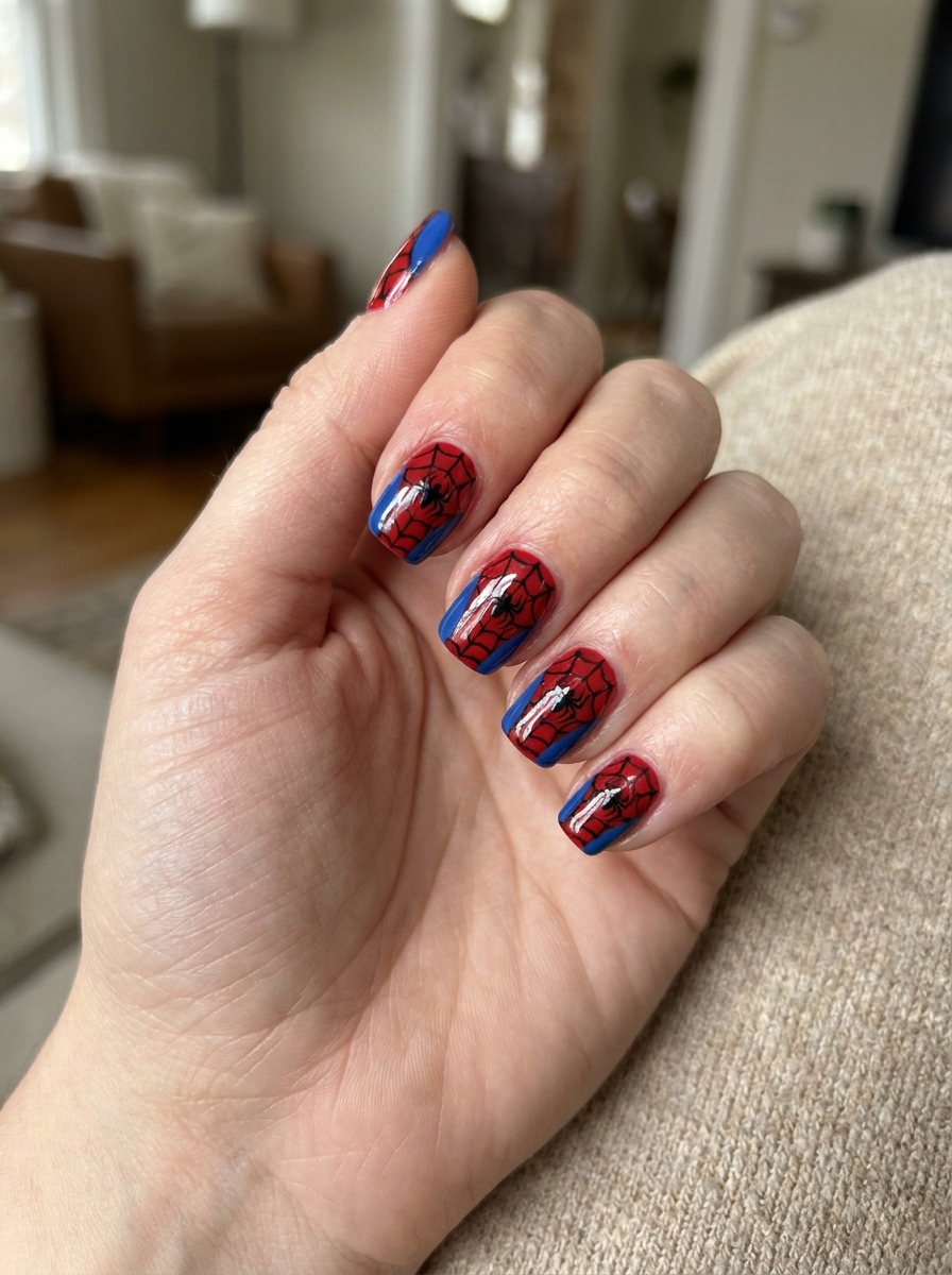 Short Square Spiderman Nails als Spiderman Nägel Inspiration 2026
